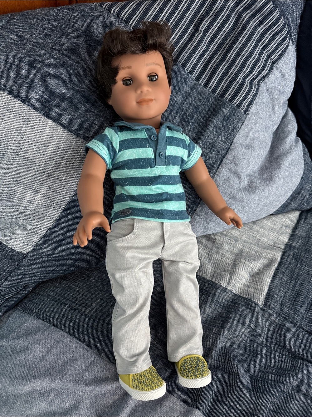American Girl Boy Doll Truly me Teal & Navy Stripe Polo and Light Gray Pants
